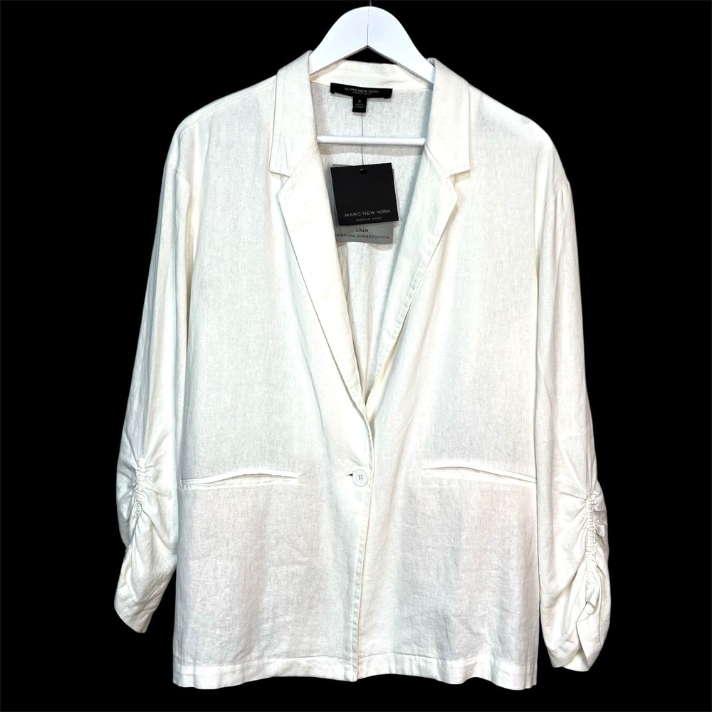 MARC NEW YORK White Linen Blend Blazer Jacket Women M Long Ruched Sleeves Button